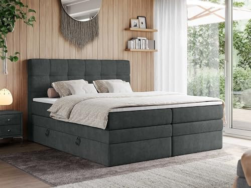MKS MEBLE Boxspringbett 120x200 mit Bettkasten und Matratze H3 - Boxbett - Dunkelgrau Struktur - ERNI King