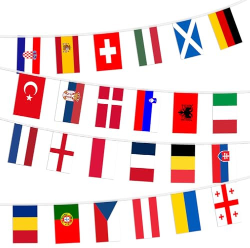 24 Länder Fahnen Wimpelkette, 26 Fuß/8 m Stoff Fahnen Flaggen Deko für Eurovision Party Deko Girlande Bar Restaurant Party-Dekoration (14x21cm-8m, 1 Stück)