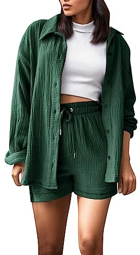 Snakell Zweiteiler Damen Outfit Sommer Musselin Bluse Outfits Anzug 2 Teilig Bluse und High Waist Shorts Set Y2K Streetwear Aesthetic Clothes Loungewear Anzug Oversize Tracksuit Freizeitanzug