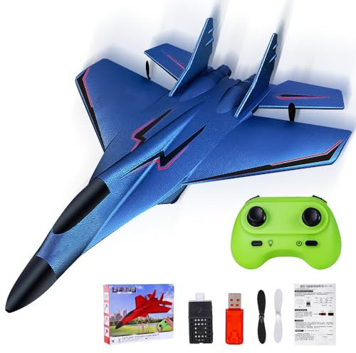 TGKYK Avion Télécommandé 2,4 GHz de Chasse, 2 CH Radiocommandé, RC Jouet, Planeur Volant pour Enfants, Débutants (Bleu)