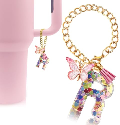 Velaco Letter Charm Accessories for Stanley Cup with Handle, Cute Initial Letter R Keychain Handle Charm with Butterfly for Stanley Tumbler for Women Girls
