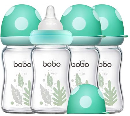 YOHKOH Natural Response Weithals-Babyflasche aus Glas, Anti-Kolik Baby Glas Flaschen mit Ultraweiches Silikon-Sauger, für Neugeborene Babys (Blau, 160ml (4er Pack))