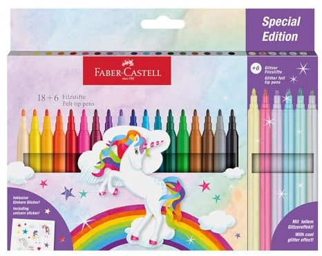 FABER-CASTELL 554221 - Filzstifte Set Einhorn, 13 Fasermaler in Standard- und Pastellfarben