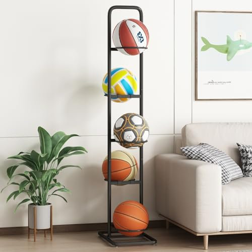 MLUPODY Ball Aufbewahrung – Stehender Stahl-Ballständer mit 5 Kugelhaltern für Basketball, Fußball & Volleyball – Platzsparend, leicht zu montieren für Innen- und Außenbereiche