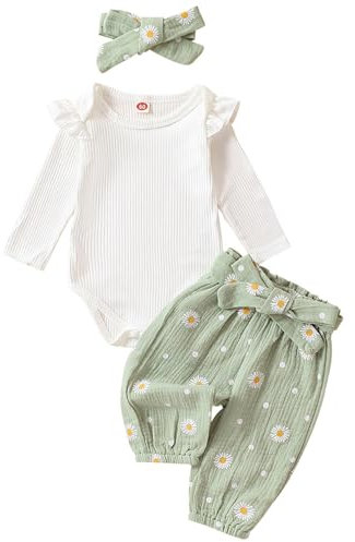 Yhong Neugeborenes Baby Mädchen gerippt lange Ärmel Overall Floral Hose mit Stirnband Kleidung Set Herbst Winter Bekleidungsset gr. 50/62/80/86 Hellgrün 68-80