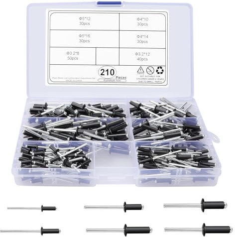 210 Stück Blindnieten Set, Pop Großflansch Nieten Sortiment M3,2/M4/M5 Länge 8/10/12/14/16mm Aluminium Kuppelnieten für Heimwerker, Aufbewahrungsbox, Metallrohr, Blechmontage, Schwarz