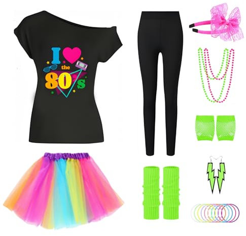 80s Fancy Dress for Women 1980s Costumes, 80s Print T-shirt, Tutu Skirt, Leg Warmers, Necklace, Fishnet Gloves, Earrings, Neon Accessories 1980s Party Costume for Retro Theme Party (colorful, XL)