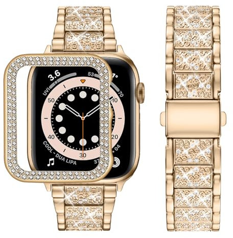wutwuk Compatible con correas de Apple Watch para mujer de 42 mm, correa de metal brillante para iWatch con funda brillante, pulsera de repuesto con diamantes de imitación para iWatch Series 10, oro