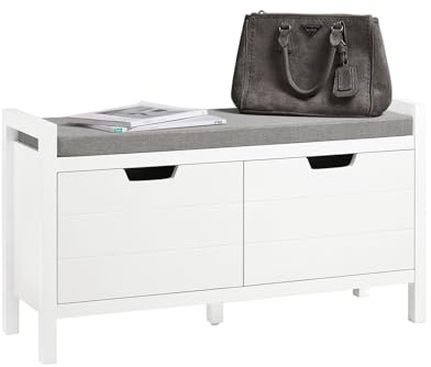 SoBuy Banco Zapatero con 2 Puertas 91x30x50cm para recibidor | Zapatero entrada con asiento y almacenaje cerrado, MDF calidad, cojín lino-esponja, capacidad 150kg, blanco FSR63-II-W
