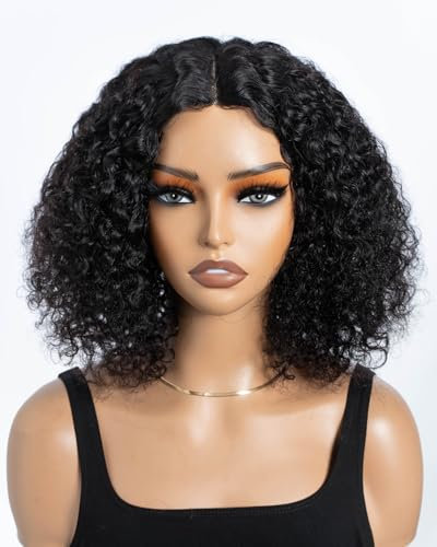 Style Icon Echthaar Perücke Short Curly Bob Wigs Human Hair Wear to Go Glueless Wig for Women 10 inch Deep Curly Bob Wigs Jerry Curly Bob Wig Non Lace Front (1B, middle part)