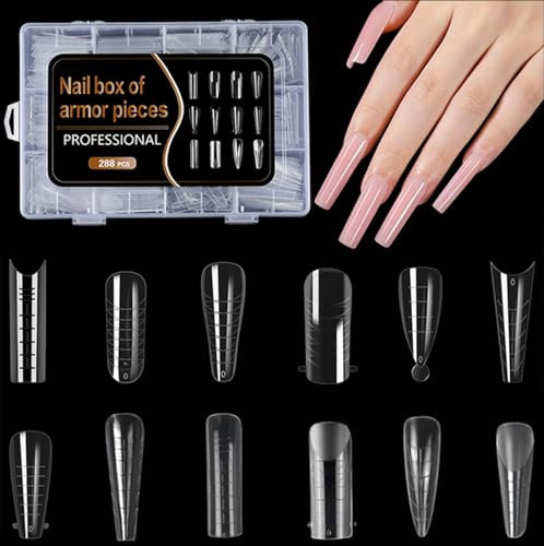 288 Pcs Unghie Finte, Set di punte per unghie, con copertura completa per unghie,12 Taglie Set Unghie Finte, Completa per Saloni di Manicure Professionale, Nail Art Principiante