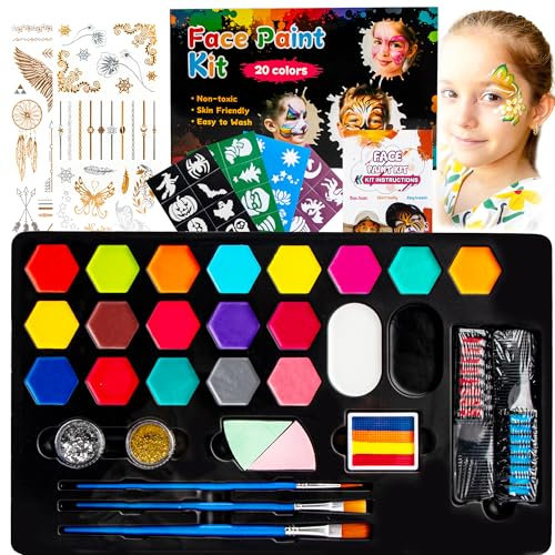Kit de Pintura Facial para Niños,Kit de Pintura Facial de 20 Colores,Kit de Pintura Facial Profesional Incluye Pinceles,Plantillas,Kit de Maquillaje para Fiestas Halloween Navidad