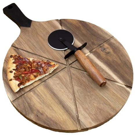 Wood Pizza Chopping Board with Pizza Cutter & Handle 40x30cm Acacia Reversible Round Paddle
