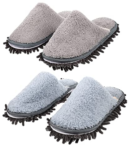 Gepolsterte Reinigungshausschuhe mit Fleece, 2 Paar, Blau, Größe M | Chenille und Flanell, Kratzfrei fürs Wischen, für Haushalt und Küche, Leichtes Design