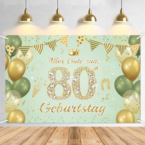 80. Geburtstag Banner Mann Frau Deko,Große Größe Grünes Gold 80 Geburtstag Party Deko Für Frau und mann 210 * 150 cm