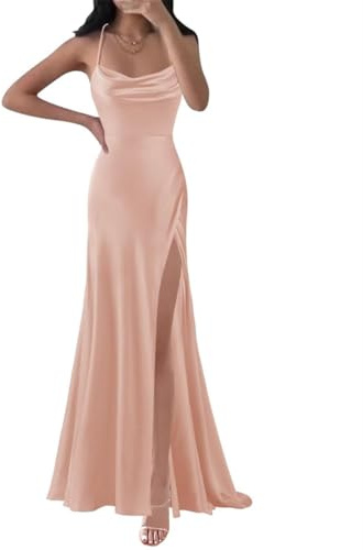 Robes de bal longues pour femmes, robes de demoiselle d'honneur en satin pour mariage, robes de cocktail sans manches, grande taille, rose gold, 38