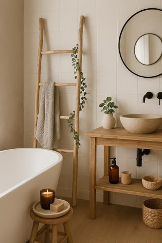 Biscottini Escalera toallero baño 148 x 36 x 3 – Escalera decorativa de madera – Escalera de madera para colgar toallas – Escalera toallero de bambú – Escalera toallero de pared de metal