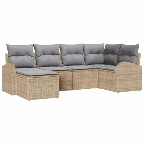 vidaXL 6-teiliges Garten-Sofa-Set mit Kissen in Beige aus Poly Rattan. Modulare Gartenmöbel, handgewebt, bequem und wetterfest. Ideal für Gärten und Balkone. Sectional für Terrasse.