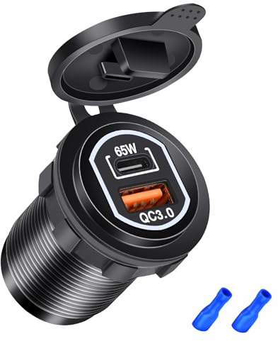 Daakro 83W USB Car Charger Socket,12V/24V 2 Port Fast Charging Outlet, 65W PD Type C 18W & QC3.0 USB-A Aluminum Alloy Waterproof Outlet,Charger Power Outlet Compatible for Car/Boat/SUV/RV Truck