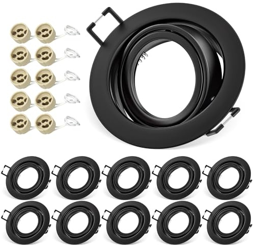 Einbaustrahler GU10 Set, 10x Schwenkbar Einbaurahmen 68mm mit GU10 Fassung | LED Spots 230V Rund Flach Deckenspots, Einbauspots Einbauleuchten Rahmen Matt Schwarz für LED oder Halogen Lampe