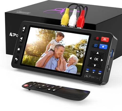PORTTA Convertitore da VHS a digitale VD20P con schermo HD da 5, registratore video, conversione in MP4, compatibile con VHS, Hi8, Mini DV, console di gioco (richiede lettore VHS/DVD/videocamera)