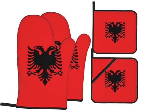 Ofenhandschuhe und hitzebeständige Matte 4-teiliges Set mit albanischer Flagge, geeignet zum Grillen, Mikrowellenofen, Braten und Backen