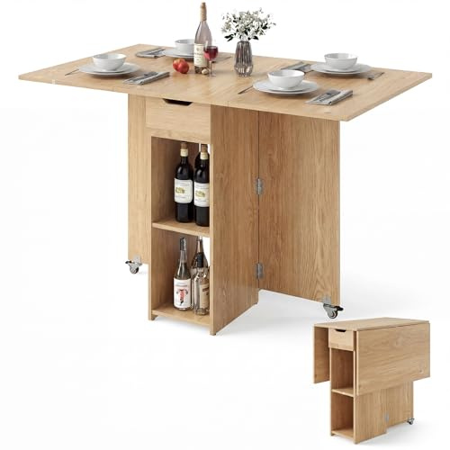 COSTWAY Esstisch klappbar, Küchentisch mit Rollen, Schublade und 2 Ablagefläche, Klapptisch für 2-4 Personen, Esszimmertisch für kleine Räume, Esszimmer, Küche, 120 x 72 x 75 cm (Natur)