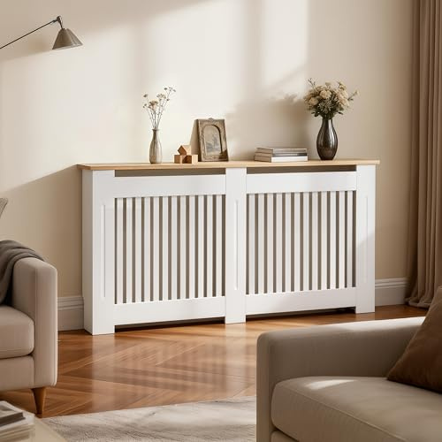 FATIVO Large Radiator Cover 81cm Tall Vertical Slat MDF Wood Grain Top | Radiator Covers Anti-Tipping Device,Ventilated Design Top Shelf, Durable Construction, Heat Protection Cover Home Hallway