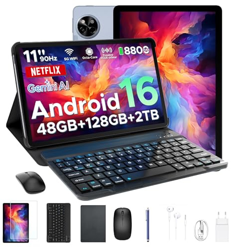 P11 Android 16 Tablet 11 Pulgadas, 48GB RAM + 128GB ROM/2TB TF, 90Hz, T7250 Octa-Core, 8800mAh, 13MP+5MP, Gemini AI, Widevine L1, Face ID, GPS, OTG, Doble altavoz, Tablet con Teclado y Lápiz, Gris