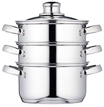 KitchenCraft 3 olla de cocción al vapor, vaporera para alimentos de 3 niveles, apta para inducción, acero inoxidable, en caja de regalo, 16 cm (6''), plateado