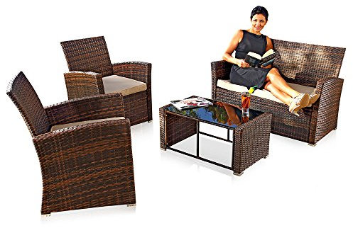 Melko Sitzgruppe Polyrattan Set 4 TLG in Braun, Gartenmöbel Lounge Sitzgarnitur Essgruppe, inklusive Sitzauflagen - Garten, Balkon, Terrasse