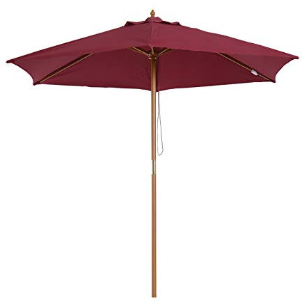 Outsunny Sombrilla de Jardín Ø250x230 cm Parasol de Terraza con 6 Varillas Poste Desmontable Anti-UV Impermeable y Marco de Madera para Playa Patio Rojo Vino