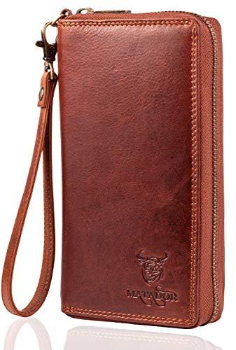 MATADOR XL Karten Portemonnaie Geldbeutel Damen Leder Groß mit #Cadiz Geschenk Box, Portmonee Geldbörse Damen Gross mit RFID Blocker, Geldtasche Brieftasche, Brieftasche Frauen, Vintage Braun