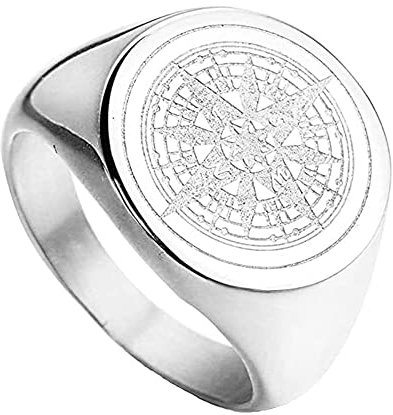 PAURO Herren Ring Edelstahl Retro Geheimnisvoller Runder Kompass Siegel Stern Silber Größe 62 (19.7)