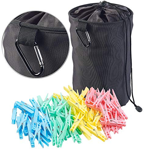 PEARL Klammerkorb: Robuster Wäscheklammer-Beutel mit Karabiner-Haken, 100 Klammern (Wäscheklammern Plastik, Kunststoff-Wäscheklammern, Wäscheleine)
