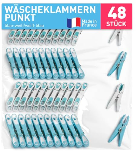culiclean Pinzas Ropa Fuertes – 48 Pinzas para Tender Ropa Que No Dejan Marca – Plástico Resistente y BPA-Free – Fabricado en Francia – Punto, Azul-Blanco/Blanco-Azul
