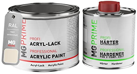 RAL 9001 Blanc crème/Cream Peinture acrylique mat satinée Pot de 0,75 litre / 750 ml, y compris le durcisseur