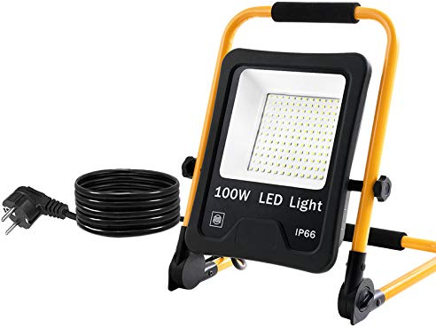 Aufun 100W LED Strahler Tragbar mit Stecker, LED Baustrahler mit 3m Netzkabel, Baulampe mit Klappbügel einstellbar Fluter Flutlicht, IP66 Wasserdicht für Baustelle, Werkstatt, Garage, Warmweiß