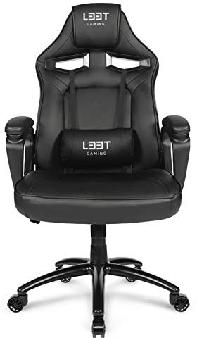 L33T Gaming Stuhl Bürostuhl Ergonomischer Chefsessel E-Sport PC-Stuhl mit Nacken-, u. Lendenwirbelkissen, PU-Lederbezug, Verstellbarer Schreibtischstuhl E-Sports Gaming Chair, schwarz