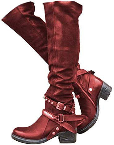 Minetom Stivali Donna Overknee Tacchi Alti sopra Il Ginocchio Stivali Tacco Alto Stivali Lunghi Boots Fibbia Scarpe Invernali Vino Rosso 37 EU