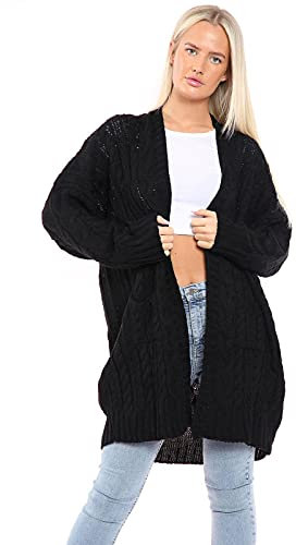 H&F ® New Women Ladies Long Sleeve 2 Side Pocket Chunky Cable Knitted Oversize Baggy Open Boyfriend Cardigan Size-16-18 20-22 24-26(Black, 16-18)
