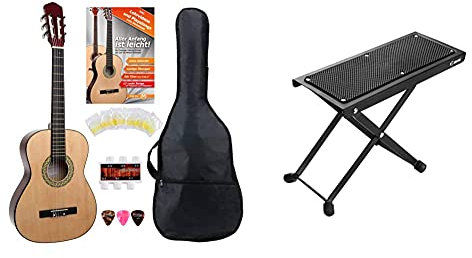 Classic Cantabile AS-851 3/4 Konzertgitarre Starter Set (Komplettes Anfänger Set mit Klassik Gitarre, Gigbag Tasche, Nylonsaiten,3x Plektren und Stimmpfeife) & Adam Hall Stands SGS017 Gitarrenfußbank