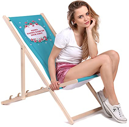 DreamRoots Muttertagsgeschenk Liegestuhl Holz klappbar, mit Spruch | Muttertagsgeschenk, Klappliegestuhl Holz Buchenholz, bis 130 kg, verstellbar, waschbarer Bezug, für Garten & Terrasse