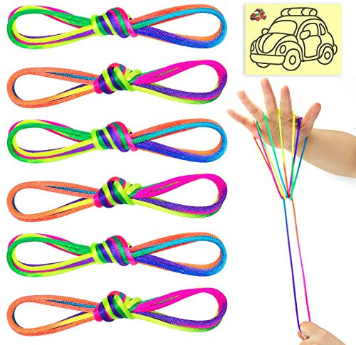 SONGTIY 6PCS Chats Berceau Corde, 65 Pouces de Long Arc-en-Ciel Coloré Doigt Corde, Chinois Doigt Jeux Jouet pour Enfants, Adultes, Journée des Enfants, avec Une Peinture de Sable