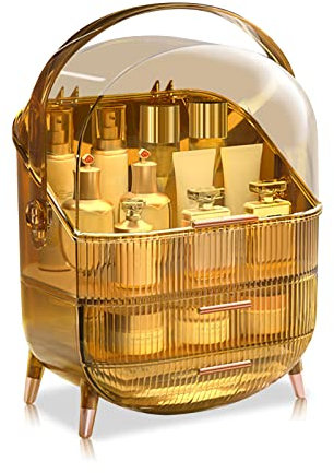 Galatée Retro Serie 180°Drehbar Tragbare Make Up Organizer Kosmetikbox Kosmetische Aufbewahrungs Box Mit Staubdichtem Deckel, Beauty Organizer Mit 2 Schubladen Und Tragegriff - (Bernstein)