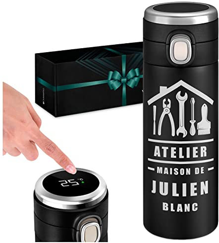 Maverton Gourde Isotherme Personnalisable - Mug hermétique 400ml avec gravure - Cadeau Homme - pour café - thé - Bouteille Isotherme avec afficheur LED - Cadeau Anniversaire Homme - Atelier