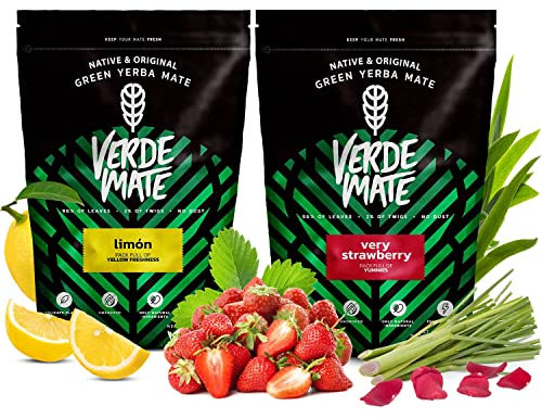 Set Mate Tee mit Früchten (2x500g) 1kg - Zitrone, Erdbeere, Rosenblätter, Grüner Mate Tee aus Brasilien, Milder Geschmack, Natürliches Koffein