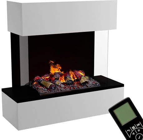 GLOW FIRE Wasserdampf Kamin HÖLDERLIN Sims (Wandkamin) - Elektrokamin für die Wand mit realistischen LED 3D-Flammen, Knistereffekt & Fernbedienung, 80x78x40 cm, Opti-Myst 500 mit Holz-Deko, Weiß