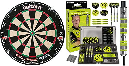 Unicorn Eclipse Pro Bristle Dartboard & WINMAU MvG Dart Steeltip Geschenkset - 50-teiliges Dartset mit 4 Sätzen Dartschäften, 4 Sätzen Flüge und Zubehör