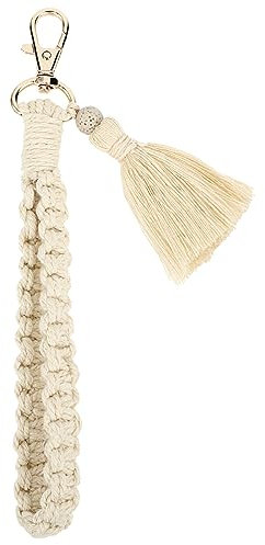 Lusofie Damen Makramee Schlüsselanhänger Boho Geflochtener Schlüsselanhängers Kurzer Schlüsselanhänger Band Quaste Anhänger Aesthetic Auto Key Chain (Beige)